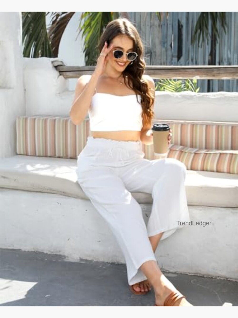 Wide Leg Linen Pants High Waist Palazzo Flowy Capri with Pockets - Picture 3 of 6